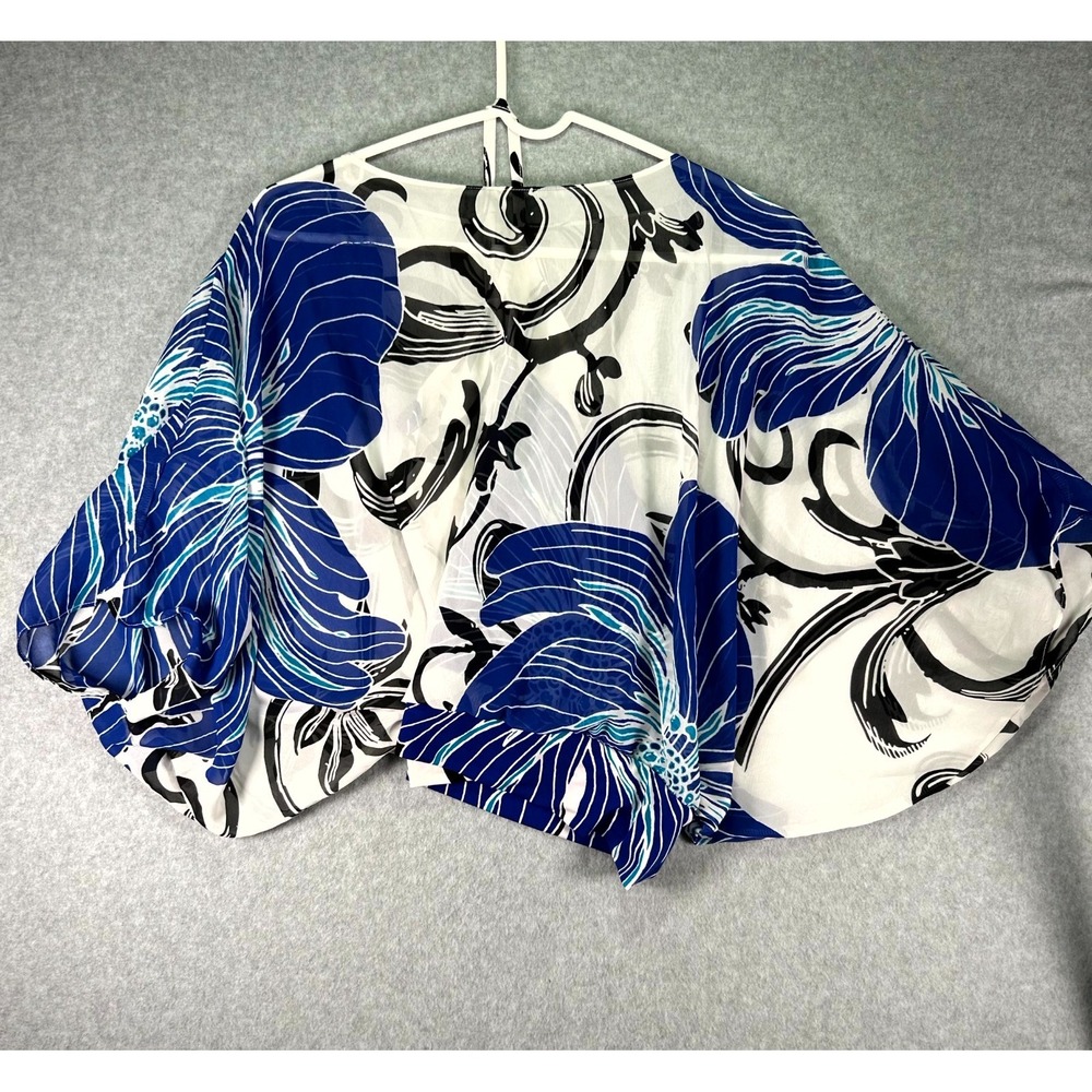 Alfani Poncho Top Women Petite Medium Blue White Floral Stretch Sheer Round Neck